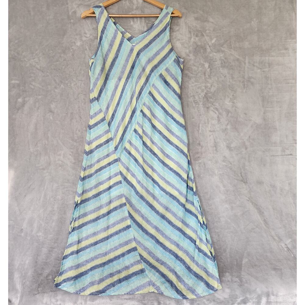 J Jill Linen Dress Womens Medium Petite Long Maxi Love Blue Diagonal Striped PM